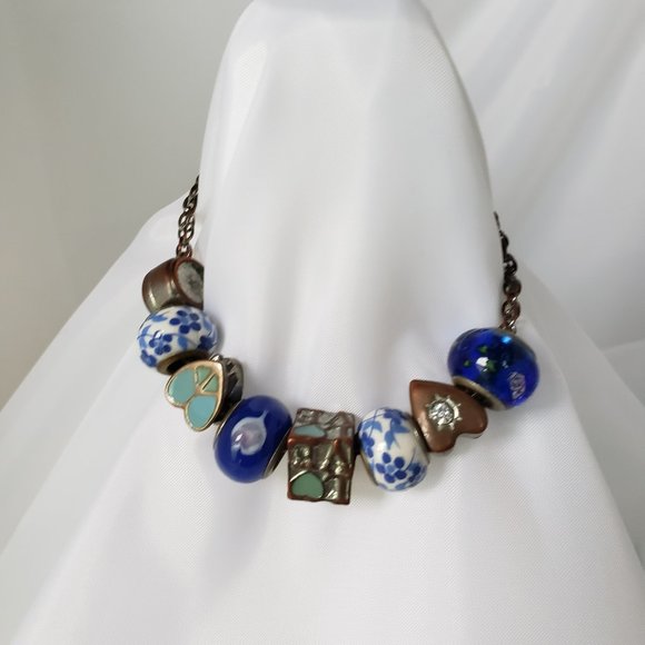 Unique Charms Hearts Glass Porcelain Love Rhinestone Beads Chain Bracelet 7.5 " - Picture 1 of 11